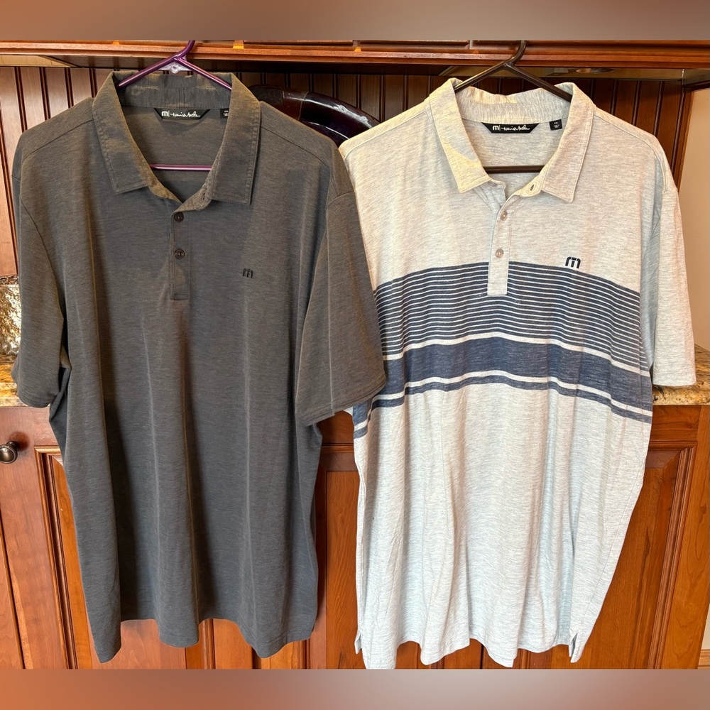Travis Mathew men’s set of golf polos (2). Sharp grey & blue striped w/logos.